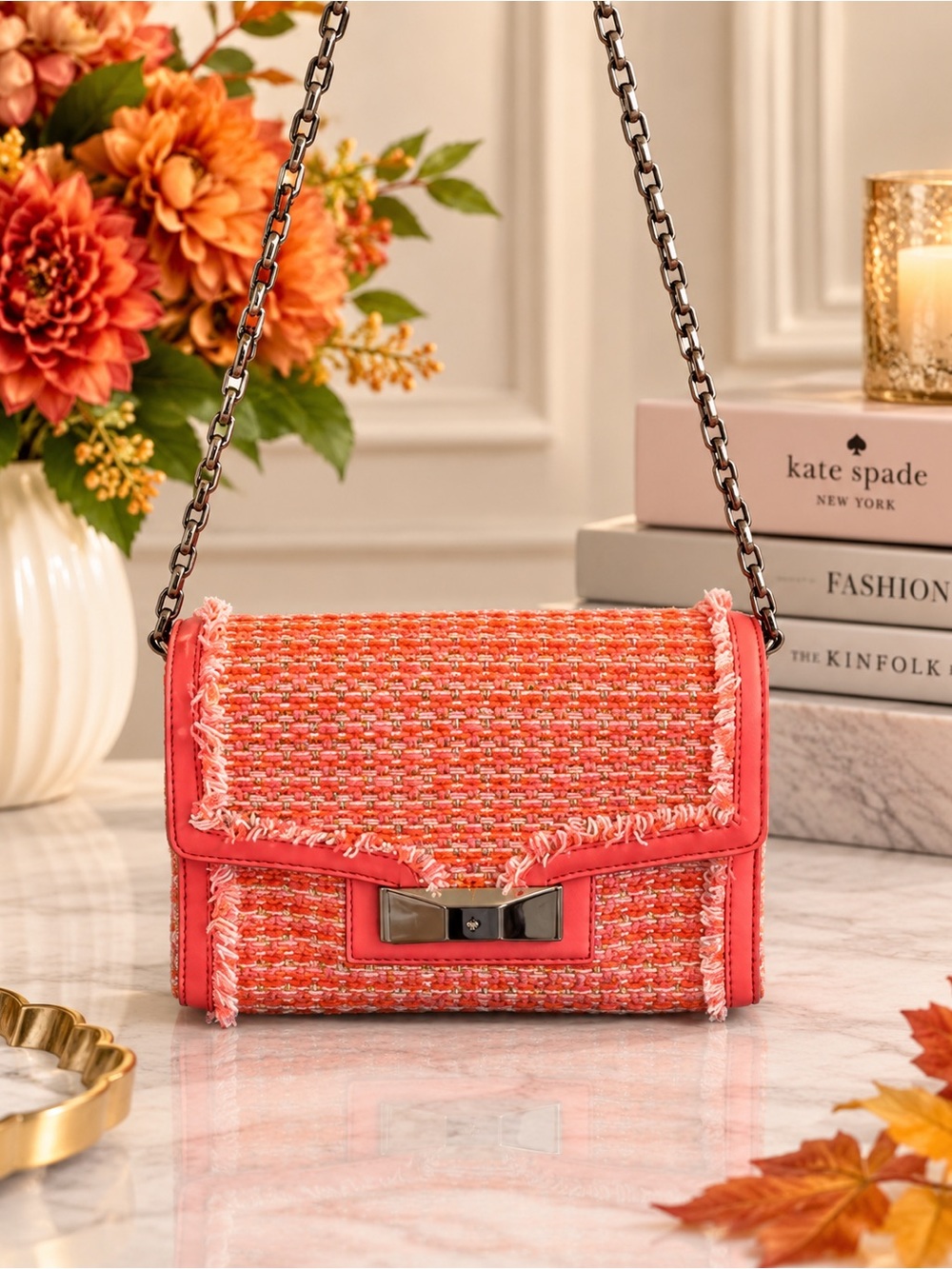 KATE SPADE Carroll Park Tweed Scarlette Coral Shoulder Bag & Dust Bag